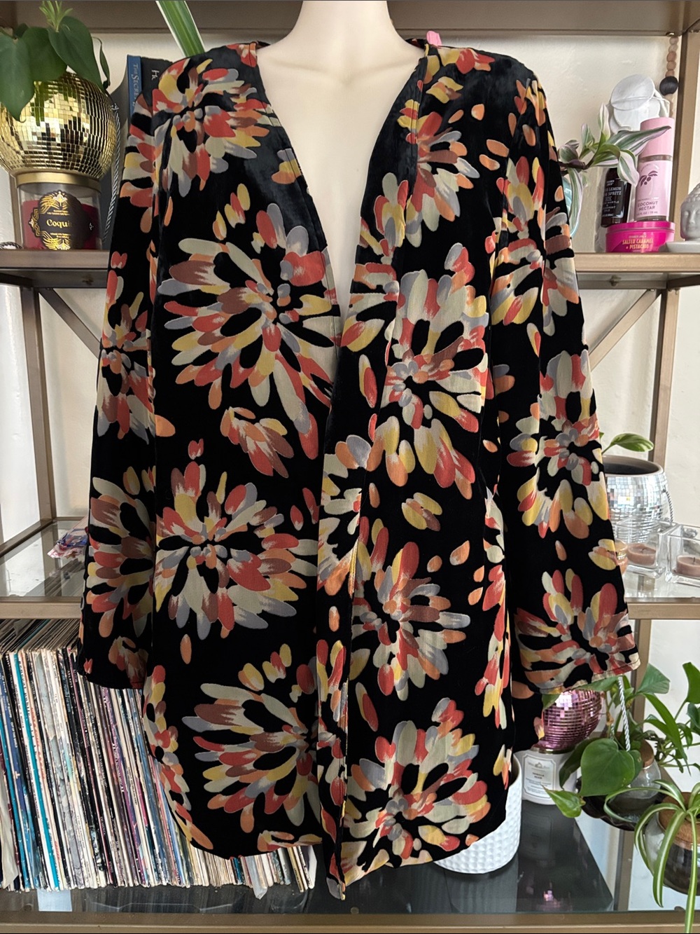 Anthropologie Eva Franco Flocked Velvet Floral Kimono Jacket Sz S